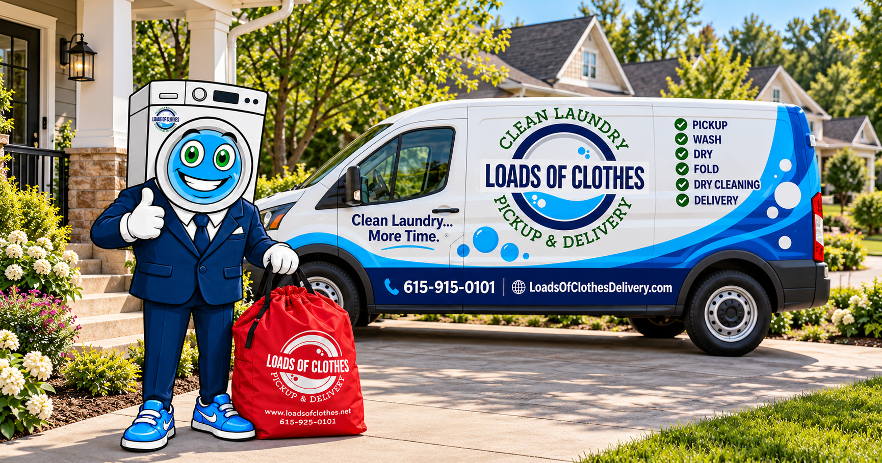 SUDZ in a navy suit holds a red dry cleaning bag outside a customer’s home beside a branded Loads of Clothes delivery van.